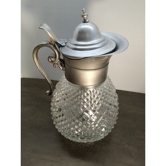 Vntg Italian Glass Pitcher W/ Diamond Presed Glass Pattern 1940s 12.5” T Heavy - Picture 1 of 14